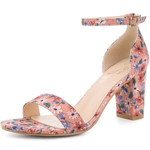 Floral Printed Open Toe Ankle Strap Chunky Heel Sandals Pink